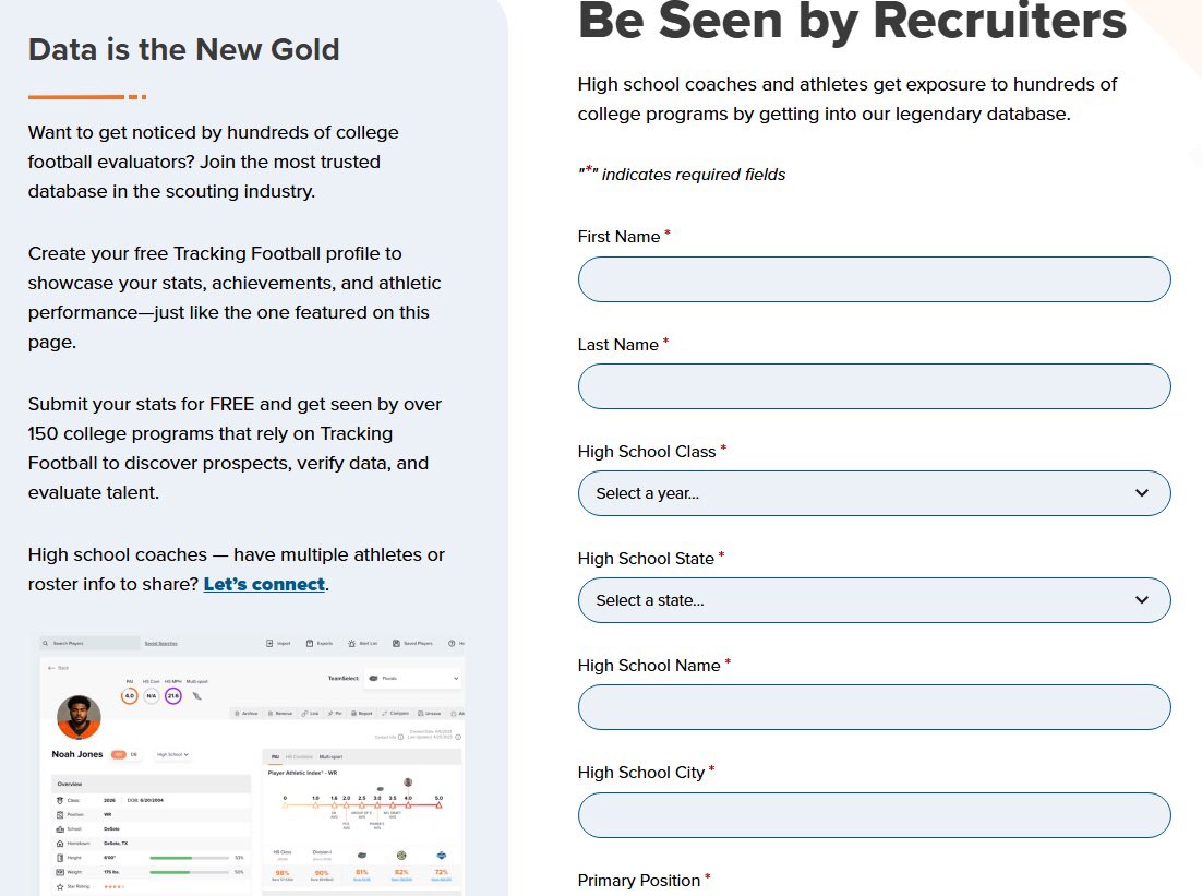 Tracking Football Recruiting (@trckftblrecruit) on Twitter photo 🚨We’ve been asked by many coaches and athletes how to get into <a href="/TrckFootball/">Tracking Football</a> database? Starting Monday athletes and high school coaches will now be able to provide info directly and get a profile for FREE.
Over 150 college programs subscribe to our database platform. Be Seen. 🚨We’ve been asked by many coaches and athletes how to get into <a href="/TrckFootball/">Tracking Football</a> database? Starting Monday athletes and high school coaches will now be able to provide info directly and get a profile for FREE.
Over 150 college programs subscribe to our database platform. Be Seen.