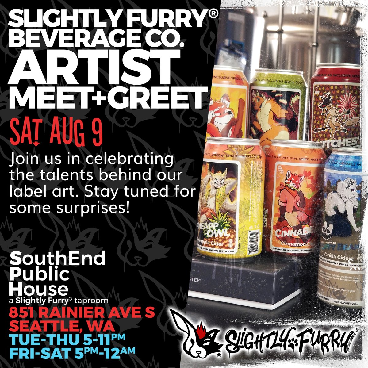 slightlyfurry's tweet image. 🚨BREAKING NEWS🚨 You won't want to miss this!
On Saturday August 9th we'll have several artists we've commissioned for our label artwork in-person! Come out to meet them & stay for the special surprises that we have in store!
#SlightlyFurry #artists #artistmeet #cider #Seattle