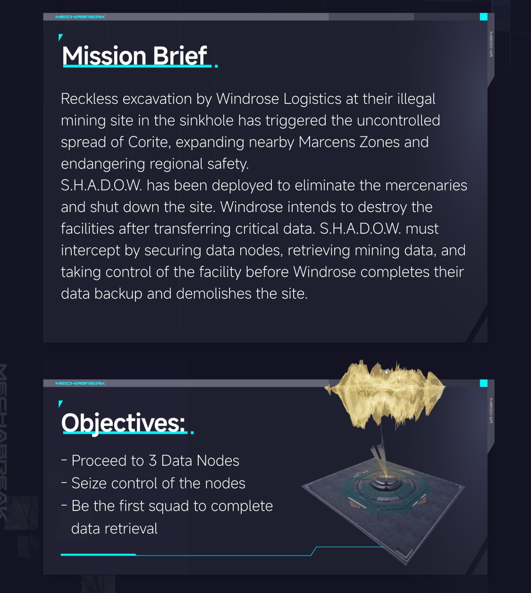 MechaBREAK's tweet image. Illegal mining operations in the Kraub Sinkhole are threatening the entire region, and now the perpetrators are trying to make a clean exit.
Get in there, and sieze the data nodes so Windrose Logistics can't hide their crimes!
