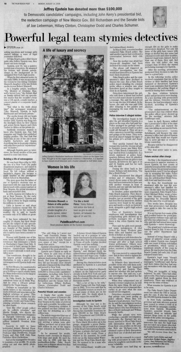 Epstein’s 2006 arrest was public record. His victims were real. The plea deal was real.
You can’t “hoax” a predator’s paper trail.

Enjoy this article with a full frigging page of Epstein's life from August 2006 and yep, DJT is listed on the 1st page of it.