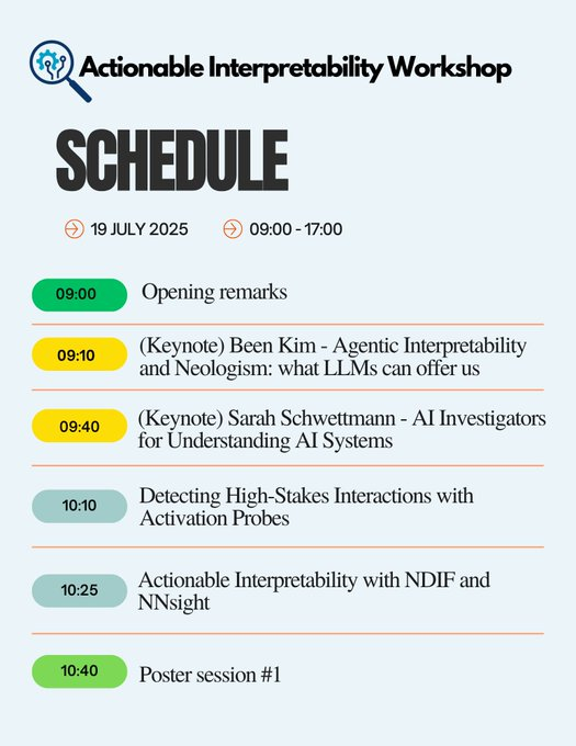 ActInterp's tweet image. 🚨The Actionable Interpretability Workshop is happening tomorrow at ICML!
Join us for an exciting lineup of speakers, nearly 70 posters, and a great panel discussion 🙌
Don’t miss it! 🔍⚙️
@icmlconf @ActInterp
