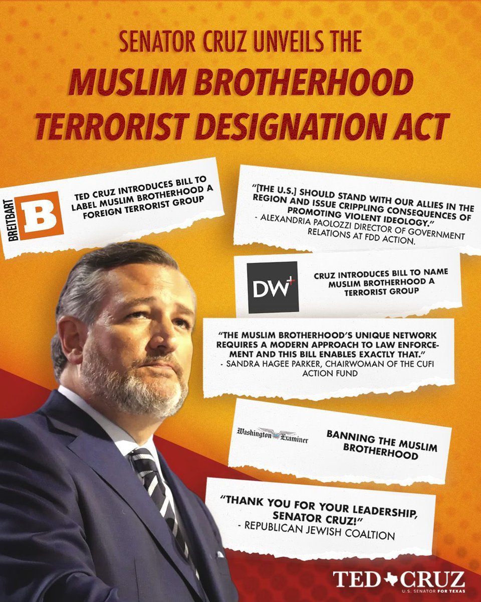 SenTedCruz's tweet image. The Muslim Brotherhood is a terrorist organization.
American allies in the Middle East and Europe have already labeled the Brotherhood a terrorist organization, and the United States should do the same.
Let’s get this done. 👇