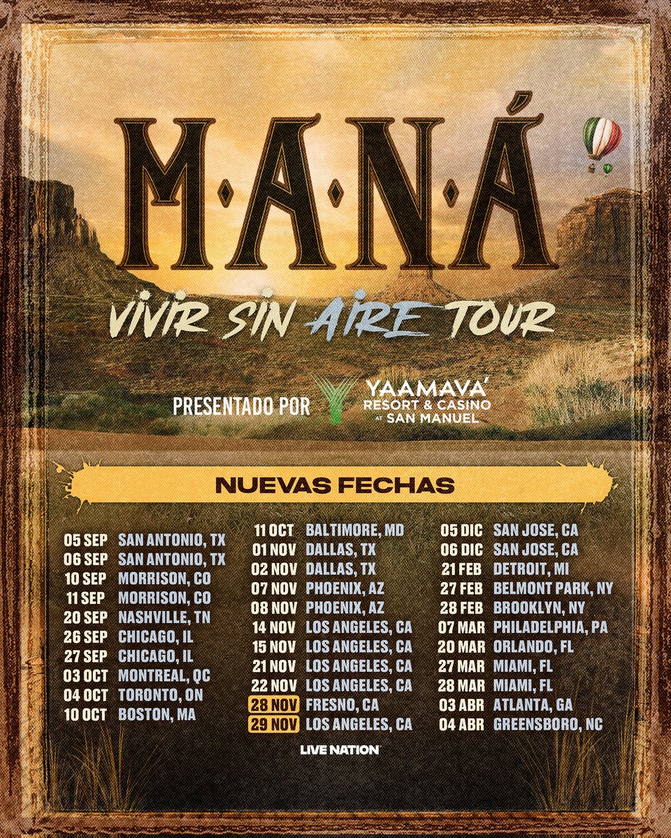 🔥 ¡Gracias a ustedes, esta locura no se detiene! 🔥
¡Se suman 2 fechas más al Vivir Sin Aire Tour! 🤘🎸

📍 Fresno :Nov 28- SAVE MART CENTER FRESNO STATE  

📍 Los Ángeles :Nov 29- KIA FORUM Quinto y último show

Vamos a vivir noches de pura energía, amor, esperanza… y MUCHO