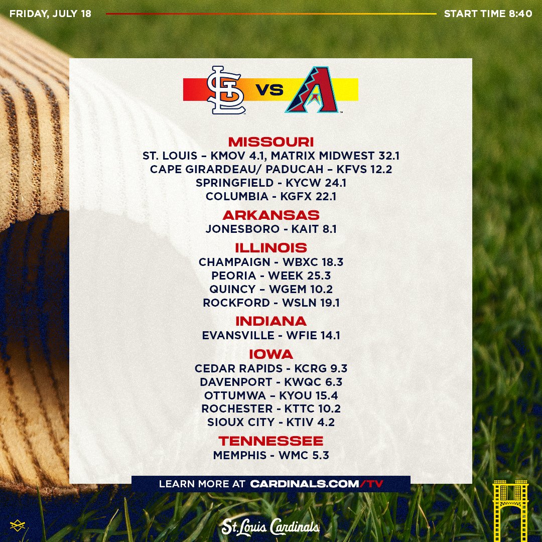 Cardinals's tweet image. Don't forget: in addition to the regular @FanDuelSN_MW broadcast, you can catch tonight's Cardinals game on @KMOV, @MatrixMidwest and the following outer market affiliates!
More info at Cardinals.com/TV