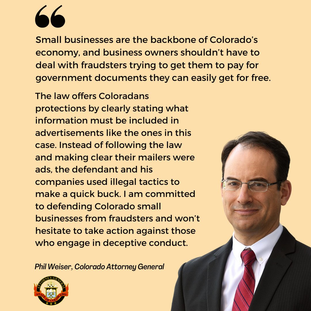 COAttnyGeneral's tweet image. AG Phil Weiser has filed a lawsuit against two companies and their owner after they mailed illegal advertisements to Colorado small businesses that lacked disclaimers and other information required by law. Learn more: bit.ly/4l5jDU5