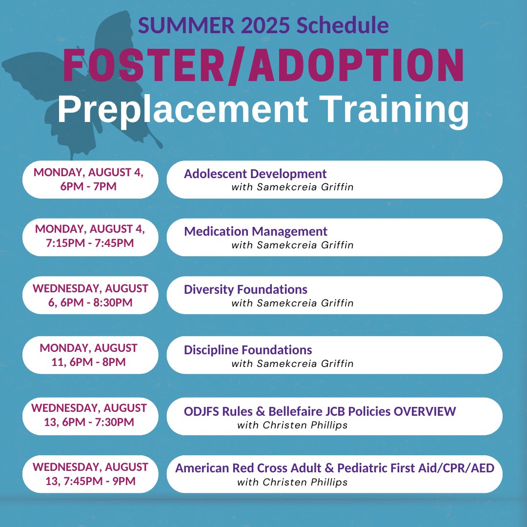 Bellefaire JCB (@bellefairejcb) on Twitter photo Are you thinking about fostering or adopting? Join our Summer 2025 Preplacement Trainings at Bellefaire! Live via Zoom & limited in-person spots.
RSVP required!
📞 216-320-8251
đź“§ FPTraining@bellefairejcb.org Are you thinking about fostering or adopting? Join our Summer 2025 Preplacement Trainings at Bellefaire! Live via Zoom & limited in-person spots.
RSVP required!
📞 216-320-8251
đź“§ FPTraining@bellefairejcb.org