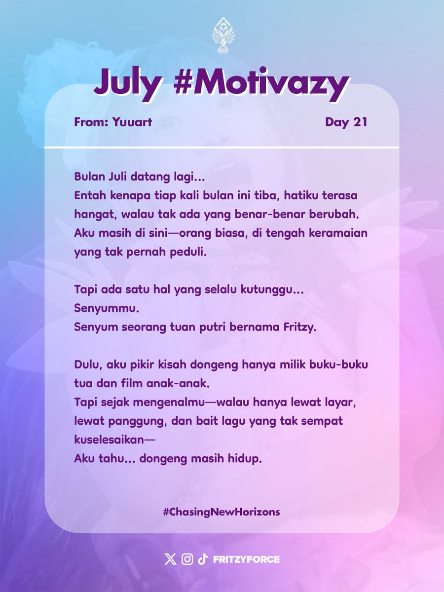FritzyForce's tweet photo. July #Motivazy Day 21 (21/07/2025)
From Yuuart
To @RFritzy_JKT48
#ChasingNewHorizons https://t.co/aFIAMFjjgE