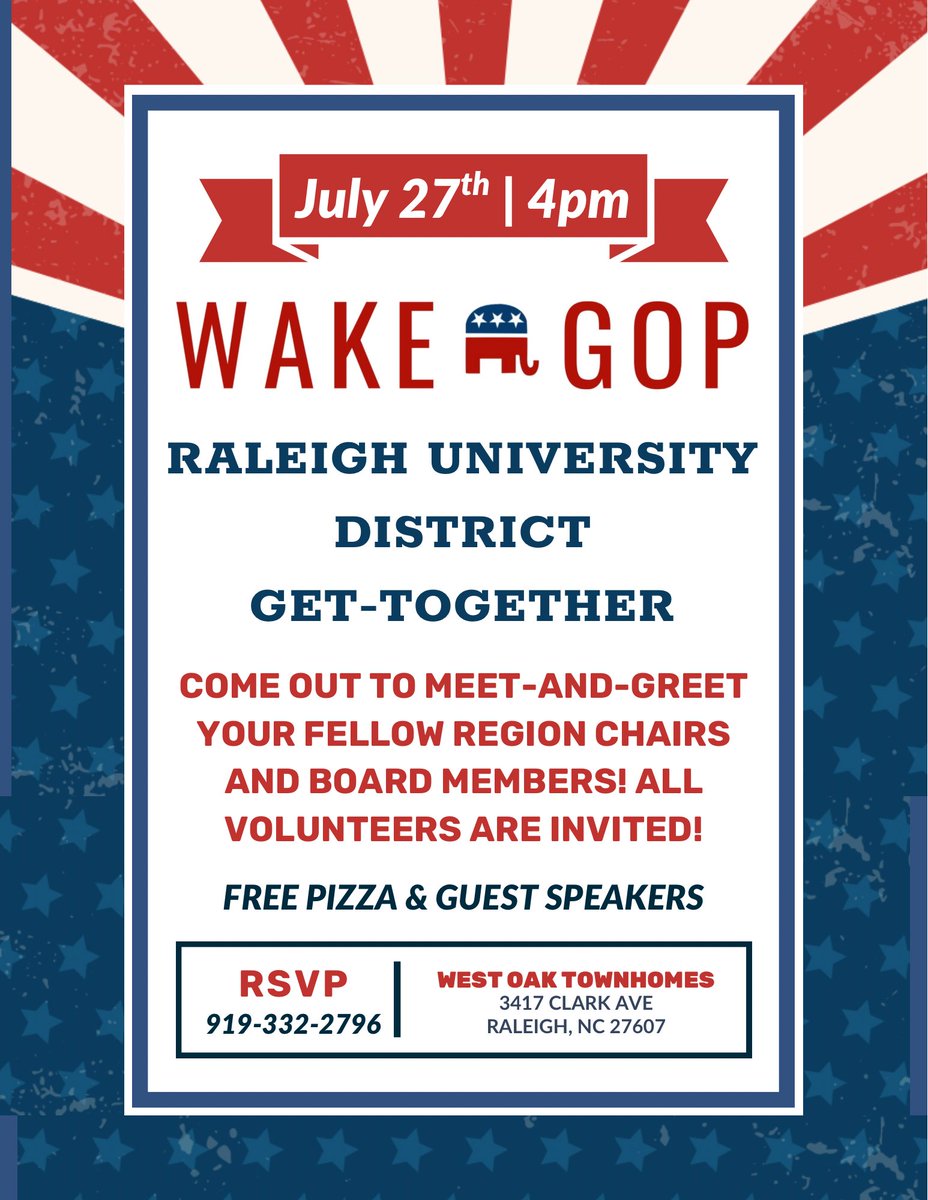 hudsonprice21's tweet image. The Wake GOP’s Raleigh University District is having its first monthly meeting on Sunday July 27th!
Come hang out with your fellow patriots, listen to speakers, and learn about ways to get involved in Wake County!
All board members, region chairs, and volunteers are invited!