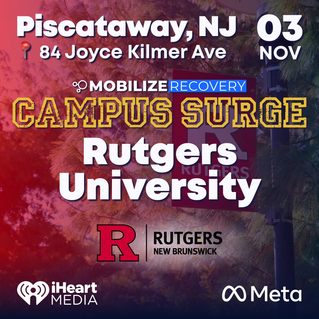 MobilizeRecover's tweet image. Hey Rutgers! You’re Next!
Mobilize Recovery’s Campus Surge 2025 is coming to Rutgers University on Monday, November 3rd!
Think of it as part festival, part empowerment rally. There will be inspiring keynote stories, live music from American Idol winner Noah Thompson, and…
