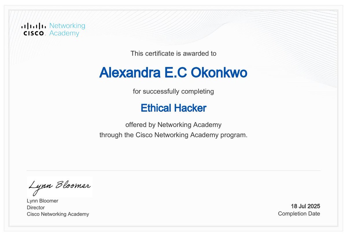 CYFHER_LEXX's tweet image. I’ve officially completed the @CiscoNetAcad  Ethical Hacker course and earned the certificate 🎉

It built a solid foundation in ethical hacking and offensive security.

Excited to keep learning and growing in cybersecurity.
#CyberSecurity #EthicalHacking #Cisco