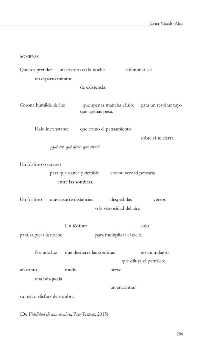 Gonzalo Jiménez (@gon_nuclear) on Twitter photo El bello poema de hoy es de Javier Vicedo Alós, tomado de su poemario “Fidelidad de una sombra” (2015) publicado por <a href="/PreTextosLibros/">Pre-Textos</a> #unpoemaaldía El bello poema de hoy es de Javier Vicedo Alós, tomado de su poemario “Fidelidad de una sombra” (2015) publicado por <a href="/PreTextosLibros/">Pre-Textos</a> #unpoemaaldía