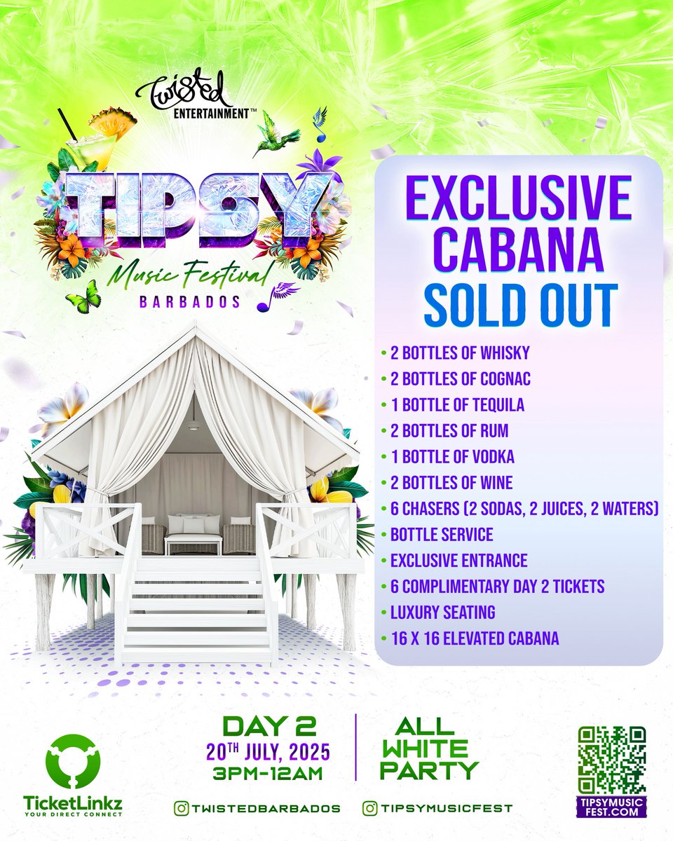 twistedbarbados's tweet image. Cabanas? Gone! ๐
๐ฝโโ๏ธ
Table packages? Only a few left. ๐
And this is your last call for Tier 1 tix! Donโt get left outside - ENTRY BY TICKET ONLY!
๐๏ธ ๐๐๐๐๐๐๐๐ last minute tix ๐๐๐๐๐๐ ๐๐ผ tipsymusicfest.com ๐
๐๐๐ ๐๐๐๐๐๐๐๐๐๐ ๐๐๐๐๐๐๐ ๐๐๐๐!