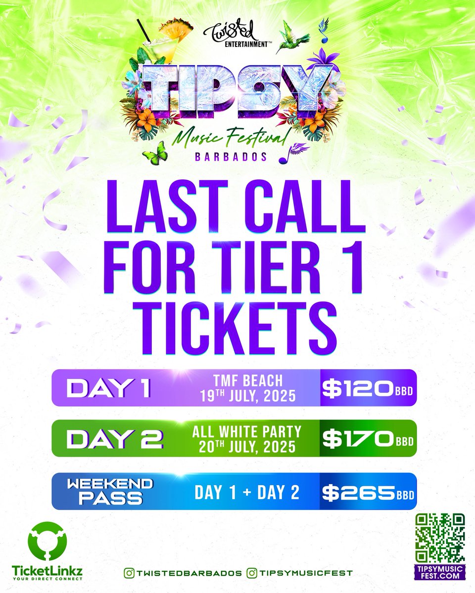 twistedbarbados's tweet image. Cabanas? Gone! ๐
๐ฝโโ๏ธ
Table packages? Only a few left. ๐
And this is your last call for Tier 1 tix! Donโt get left outside - ENTRY BY TICKET ONLY!
๐๏ธ ๐๐๐๐๐๐๐๐ last minute tix ๐๐๐๐๐๐ ๐๐ผ tipsymusicfest.com ๐
๐๐๐ ๐๐๐๐๐๐๐๐๐๐ ๐๐๐๐๐๐๐ ๐๐๐๐!