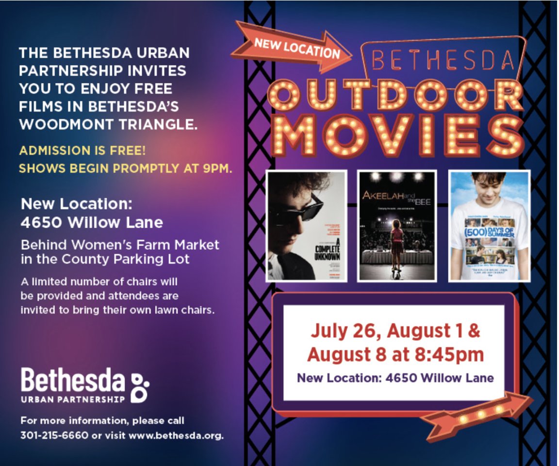 Nycci Nellis (@nyccinellis) on Twitter photo 🎬Bethesda’s 20th annual outdoor movie series is here! Join them at 4650 Willow Lane (behind the Farm Women’s Market) for blockbuster hits starting at 8:45 PM. Free admission! Bring a chair + visit the link below for the full movie lineup. <a href="/BethesdaUP/">BethesdaUP</a>
thelistareyouonit.com/event/bethesda… 🎬Bethesda’s 20th annual outdoor movie series is here! Join them at 4650 Willow Lane (behind the Farm Women’s Market) for blockbuster hits starting at 8:45 PM. Free admission! Bring a chair + visit the link below for the full movie lineup. <a href="/BethesdaUP/">BethesdaUP</a>
thelistareyouonit.com/event/bethesda…