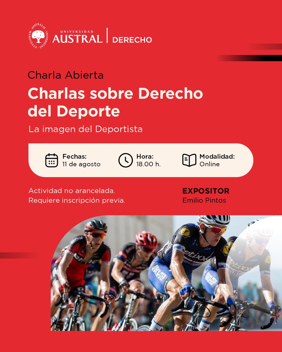 AustralDerecho's tweet image. 🏟️El deporte como fenómeno jurídico abre paso a múltiples debates.
¡Sumate a las Charlas Derecho del Deporte!
1er encuentro junto a Emilio Pintos con quien hablaremos sobre: "La imagen del deportista"
📅 11/8 │⏰ 18hs │💻Online
👉 cuf4.short.gy/5sGm8s
#AustralDerecho