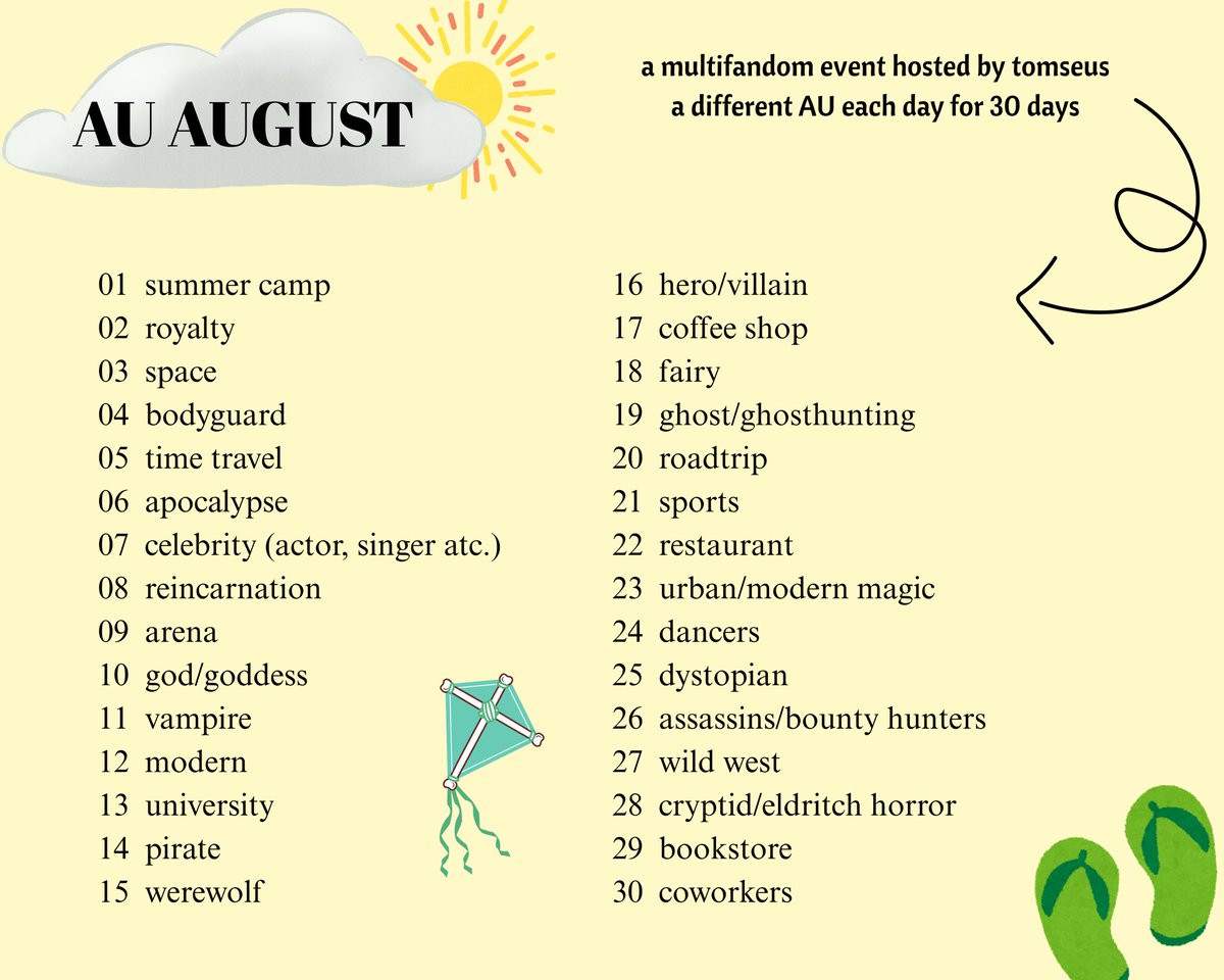 tomseus's tweet image. AU AUGUST:
A 30 long day prompt list with a different AU each day. Any fandom is welcome!
Use #auaugust25 on twitter and AUAugust25 fic collection on ao3.
Rules listed in the thread below!