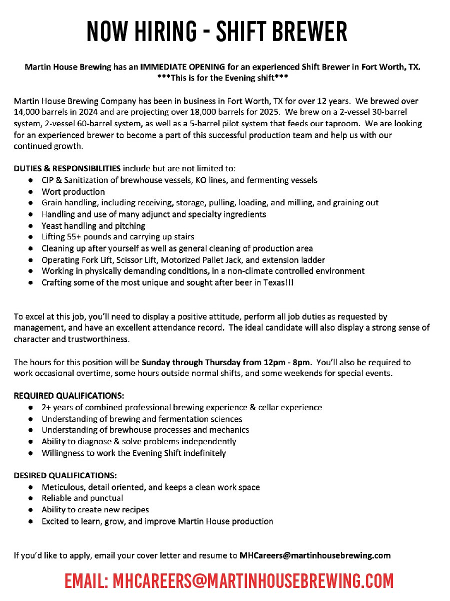 MartinHouseBrew's tweet image. Martin House is hiring a full time shift brewer! If you know any pro brewers who want to join the team, have them email: mhcareers@martinhousebrewing.com. Cheers!