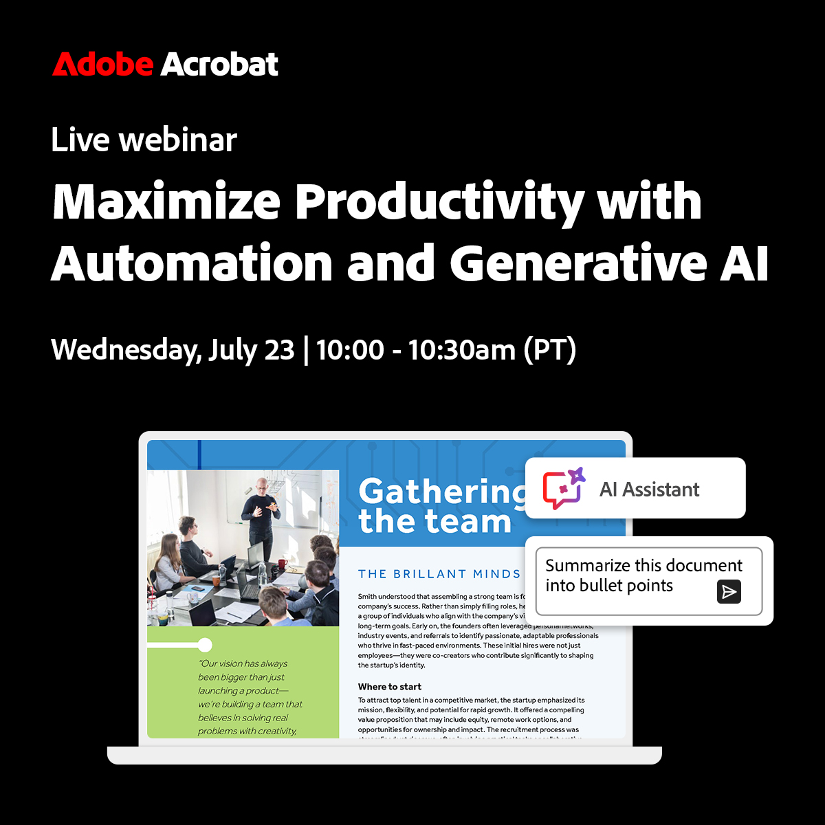 AdobeDocCloud's tweet image. Your next workflow upgrade is here 👇

 Join our free July 23 webinar to see how AI and automation simplify document processes and save time. Register now  📌 adobe.ly/40mEquI