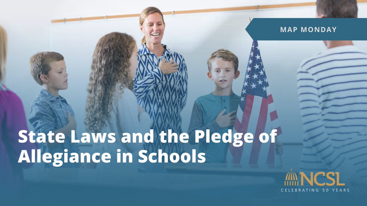 NCSLorg's tweet image. What began as a PR campaign for a youth magazine in 1892 now has evolved into a practice that varies by state, with different approaches on reciting the Pledge of Allegiance in classrooms.
Read more in this week's #MapMonday: bit.ly/44yoA17