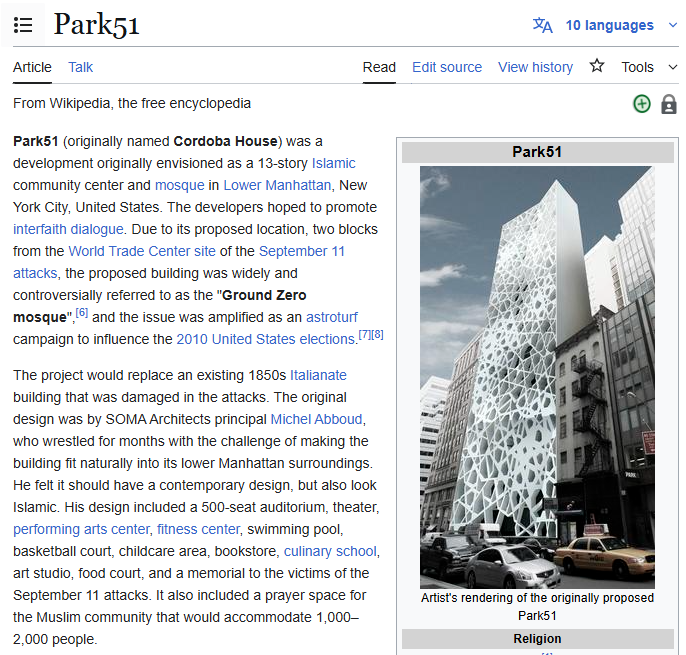 Wellstonist's tweet image. The furor over the so-called "Ground Zero Mosque" was one of the most horrifyingly racist news cycles of my lifetime and I feel like it has been almost entirely forgotten. The study of 9/11 and its afterlives is still incredibly important!