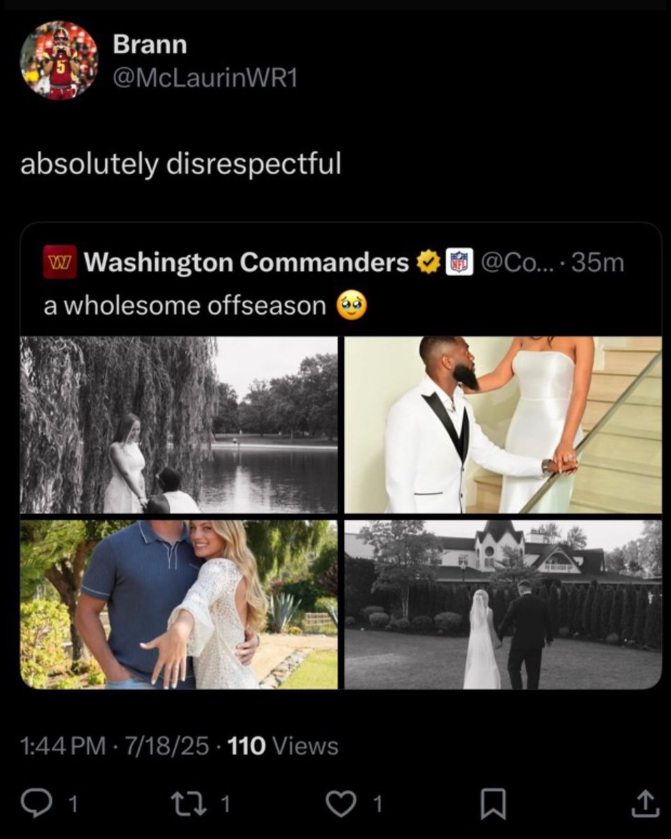 This is not good: The #Commanders’ official team account made a post dedicated to players that got married this offseason, but left out Terry McLaurin, who got married this offseason…

A fan replied to this saying “absolutely disrespectful” and Terry liked the tweet…

(h/t: