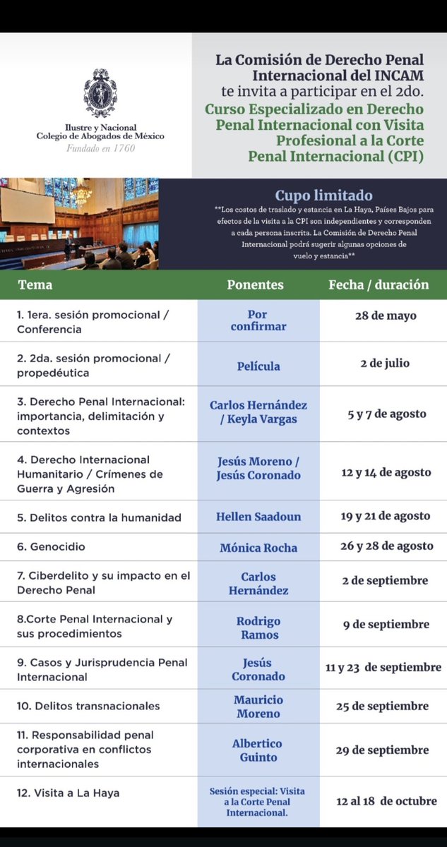 Colegio de Abogados (@incam_abogados) on Twitter photo Te invitamos a participar en el Curso virtual Especializado en Derecho Penal Internacional.
🗓️inicia martes 5 agosto
⏰de 18:00 a 20:00 horas
📹vía Zoom
📧inscripciones: cursos@incam.org
<a href="/IntlCrimCourt/">Int'l Criminal Court</a> Te invitamos a participar en el Curso virtual Especializado en Derecho Penal Internacional.
🗓️inicia martes 5 agosto
⏰de 18:00 a 20:00 horas
📹vía Zoom
📧inscripciones: cursos@incam.org
<a href="/IntlCrimCourt/">Int'l Criminal Court</a>