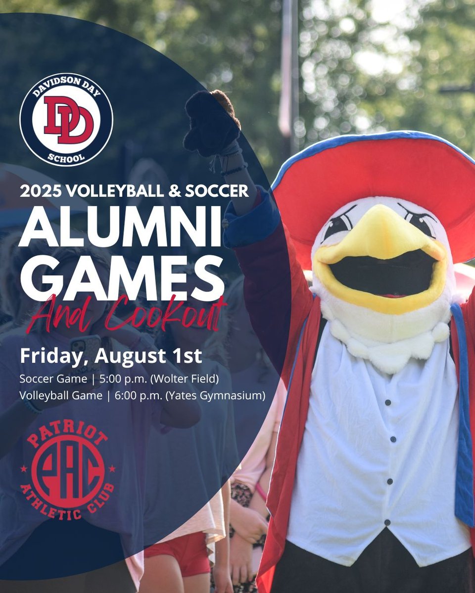 🚨Attention Alumni🚨 Join us for our annual Alumni Volleyball and Soccer Games on Friday, August 1st!⚽️🏐 Soccer will kick off at 5 p.m., followed by volleyball at 6 pm. Come out for fun, reunion, and hot dogs and hamburgers provided by the Patriot Athletic Club!❤️ #davidsonday