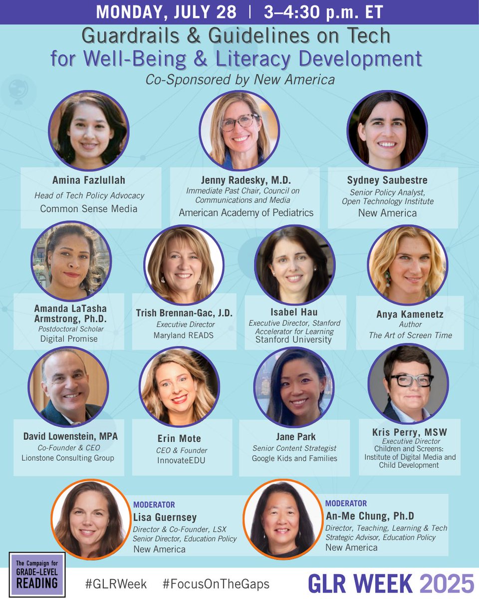 readingby3rd's tweet image. Join @Readingby3rd + @NewAmerica for a #GLRWeek convo on digital well-being, screen time, & raising kids in the AI age. #EdTech featuring voices from @CommonSense @DigitalPromise @MarylandReads @childrenscreens + more! Mon, July 28, 3pm ET. Register: bit.ly/4lkzOOl