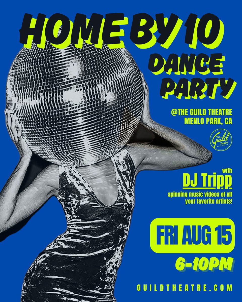 GuildTheatre's tweet image. Get In! Get Down! Get Home! ๐ The 2nd edition of our Home By 10: Dance Party is on FRI, AUG 15. Come dance to Chappell Roan, Depeche Mode, Shakira, and more with DJ Tripp! Tickets are on sale now.
๐๏ธ >> tixr.com/pr/x/151518
Doors/Music 6PM (ends at 10PM)