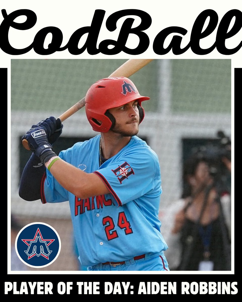 CodBall (@codball) on Twitter photo The CodBall Player of the Day is Aiden Robbins (<a href="/TexasBaseball/">Texas Baseball</a>)
Aiden went 3-5 with a home run while also reaching on a walk, picking up a pair of RBI and runs scored on the day for the <a href="/HarwichMariners/">Harwich Mariners</a> The CodBall Player of the Day is Aiden Robbins (<a href="/TexasBaseball/">Texas Baseball</a>)
Aiden went 3-5 with a home run while also reaching on a walk, picking up a pair of RBI and runs scored on the day for the <a href="/HarwichMariners/">Harwich Mariners</a>