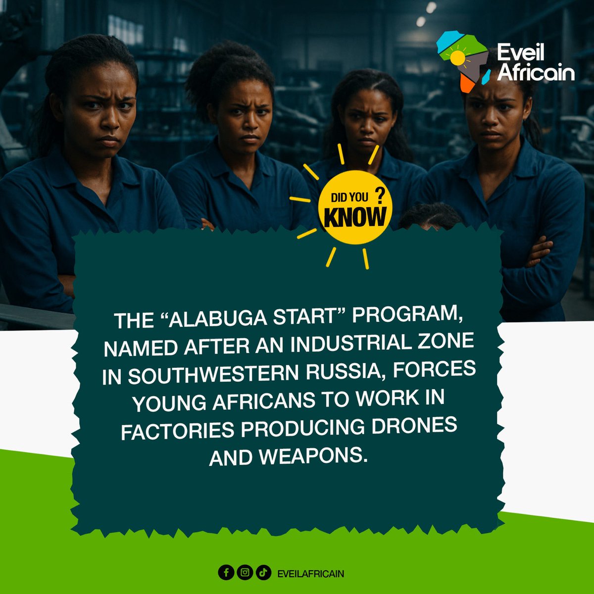 Eveil_africain's tweet image. Did you know?

The “Alabuga Start” program, named after an industrial zone in southwestern Russia, forces young Africans to work in factories producing drones and weapons.