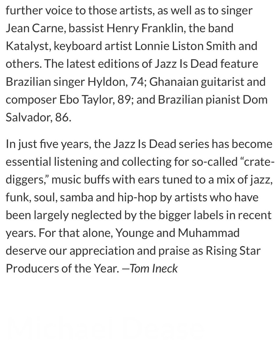 Jazz Is Dead (@jazzisdeadco) on Twitter photo "...For that alone, Younge and Muhammad deserve our appreciation and praise as Rising Star Producers of the Year." 
-Tom Ineck of @downbeat_mag on @adrianyounge, @alishaheed, and #JazzIsDead
#AdrianYounge #AliShaheedMuhammad #DownbeatMag "...For that alone, Younge and Muhammad deserve our appreciation and praise as Rising Star Producers of the Year." 
-Tom Ineck of @downbeat_mag on @adrianyounge, @alishaheed, and #JazzIsDead
#AdrianYounge #AliShaheedMuhammad #DownbeatMag
