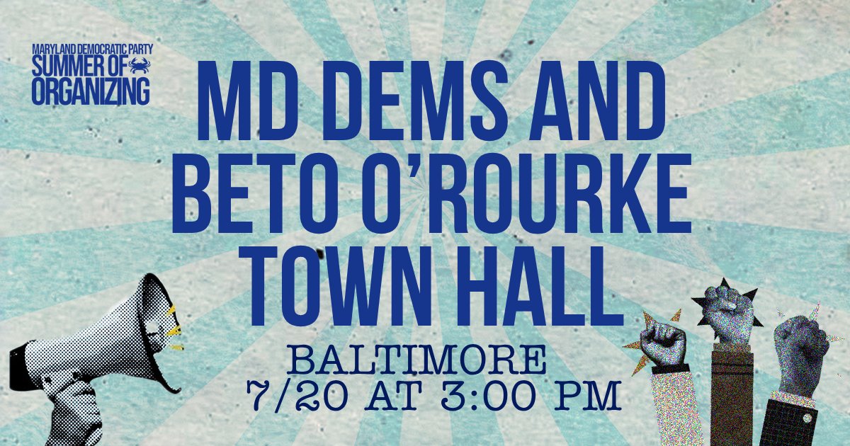 mddems's tweet image. Beto O’Rourke is coming to Baltimore!
Join us for a Town Hall on Sunday, July 20 at 3:00 PM as we talk real issues—state and federal—and kick off our Summer of Organizing in a big way.
🔥 You don’t want to miss this!
📲 Sign up now → mddems.org/townhall