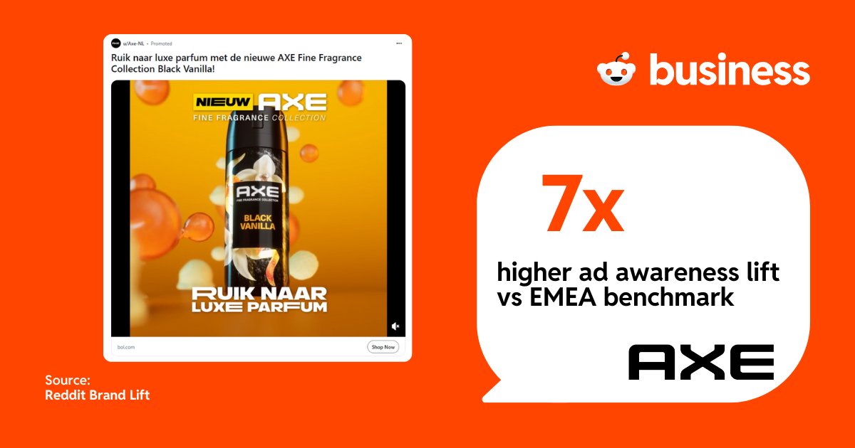 RedditforBiz's tweet image. AXE took their Fine Fragrance Collection to the next level in the Netherlands 🇳🇱, achieving a 7x increase in ad awareness by leveraging Reddit’s interest and community targeting. See how AXE made a lasting impression: business.reddit.com/success-storie…