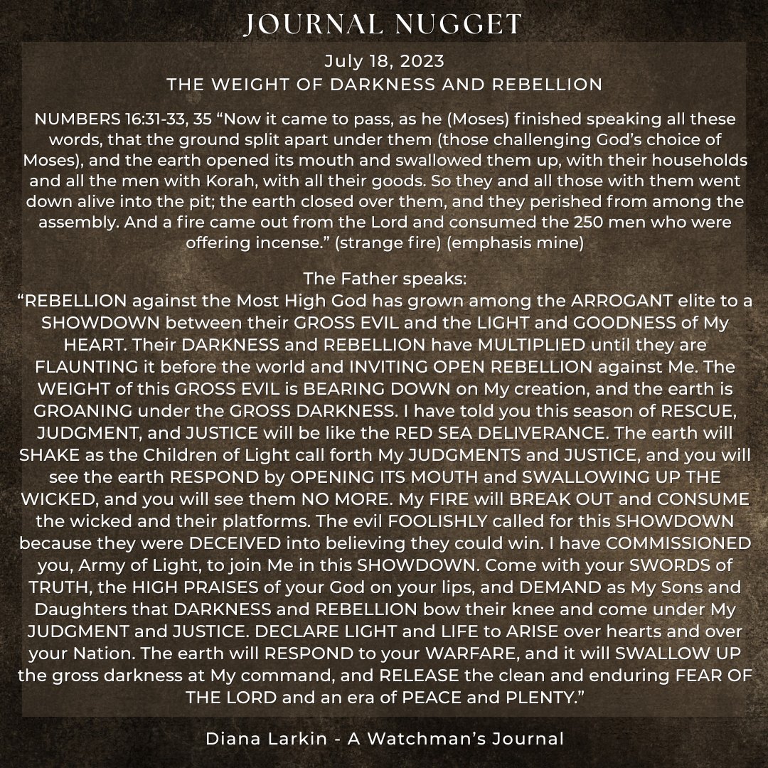 JournalDiana11's tweet image. JOURNAL NUGGET from 2 years ago. Will we see the earth open up and swallow the darkness?!
"The earth will RESPOND to your WARFARE, and it will SWALLOW UP the gross darkness at My command, and RELEASE the clean and enduring FEAR OF THE LORD and an era of PEACE and PLENTY."