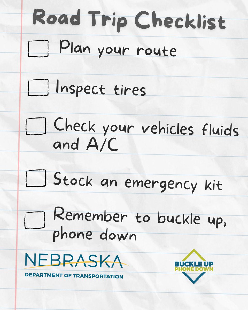 NebraskaDOT's tweet image. Planning a summer road trip?
Take a few minutes to make sure you have everything you need!