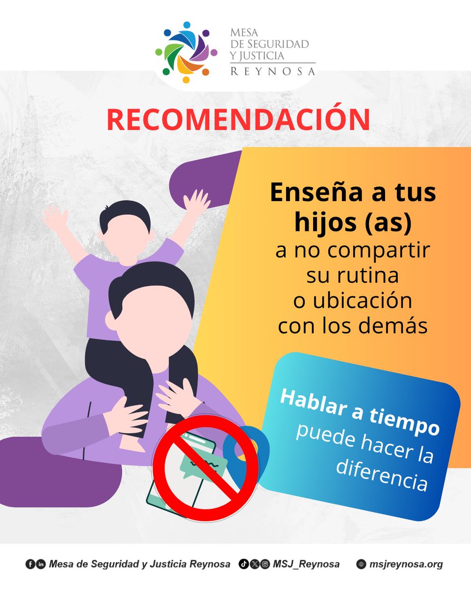 MSJ_Reynosa's tweet photo. Cuida lo que comparten tus hijas e hijos en redes sociales.
Evitar revelar su ubicación, rutina, amistades o situación económica puede prevenir delitos.

#SeguridadFamiliar #PrevenciónDelDelito #ReynosaSegura https://t.co/8zKqlAZnxy
