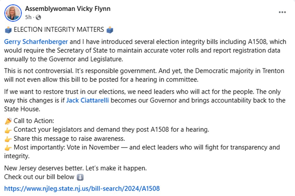 JayWebberNJ's tweet image. Our elections should be safe & secure —happy to join my colleagues on legislation to promote essential election integrity.
@NJAsmGerry @AswMatsikoudis @AswVickyFlynn @AswAuraDunn @DawnFantasia_NJ @MikeInganamort