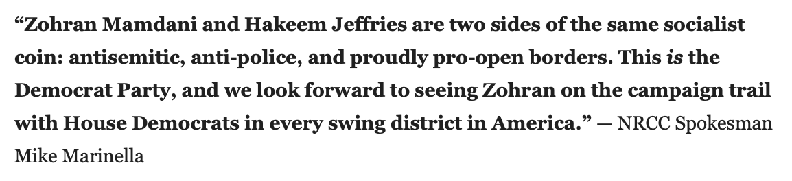 emilyngo's tweet image. .@NRCC is ready every time @ZohranKMamdani meets with a high-profile House Dem. Jeffries has not endorsed Mamdani and is not a socialist.