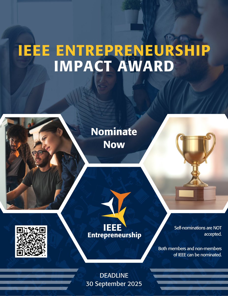 IEEE Entrepreneurship & IEEE Startup (@ieeeent) on Twitter photo Accepting <a href="/ieeeENT/">IEEE Entrepreneurship & IEEE Startup</a> Impact Award applications
Seeking an #Entrepreneur who:
Makes a distinguishing contribution to their country/region through the activities of their venture
Serves as a role model in the global entrepreneurial ecosystem
SUBMIT NOMINATIONS
entrepreneurship.ieee.org/impact_award/ Accepting <a href="/ieeeENT/">IEEE Entrepreneurship & IEEE Startup</a> Impact Award applications
Seeking an #Entrepreneur who:
Makes a distinguishing contribution to their country/region through the activities of their venture
Serves as a role model in the global entrepreneurial ecosystem
SUBMIT NOMINATIONS
entrepreneurship.ieee.org/impact_award/