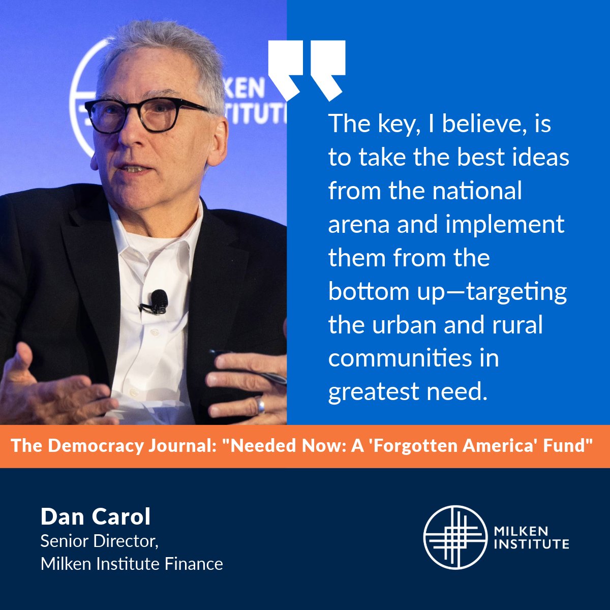 Milken Institute (@milkeninstitute) on Twitter photo In a new piece for the <a href="/DemJournal/">Democracy Journal</a>, Senior Director Dan Carol argues for using tariff revenues to support communities left behind by globalization and industrial decline. He proposes a “Forgotten America Fund” to direct investment into local economies through performance-based In a new piece for the <a href="/DemJournal/">Democracy Journal</a>, Senior Director Dan Carol argues for using tariff revenues to support communities left behind by globalization and industrial decline. He proposes a “Forgotten America Fund” to direct investment into local economies through performance-based