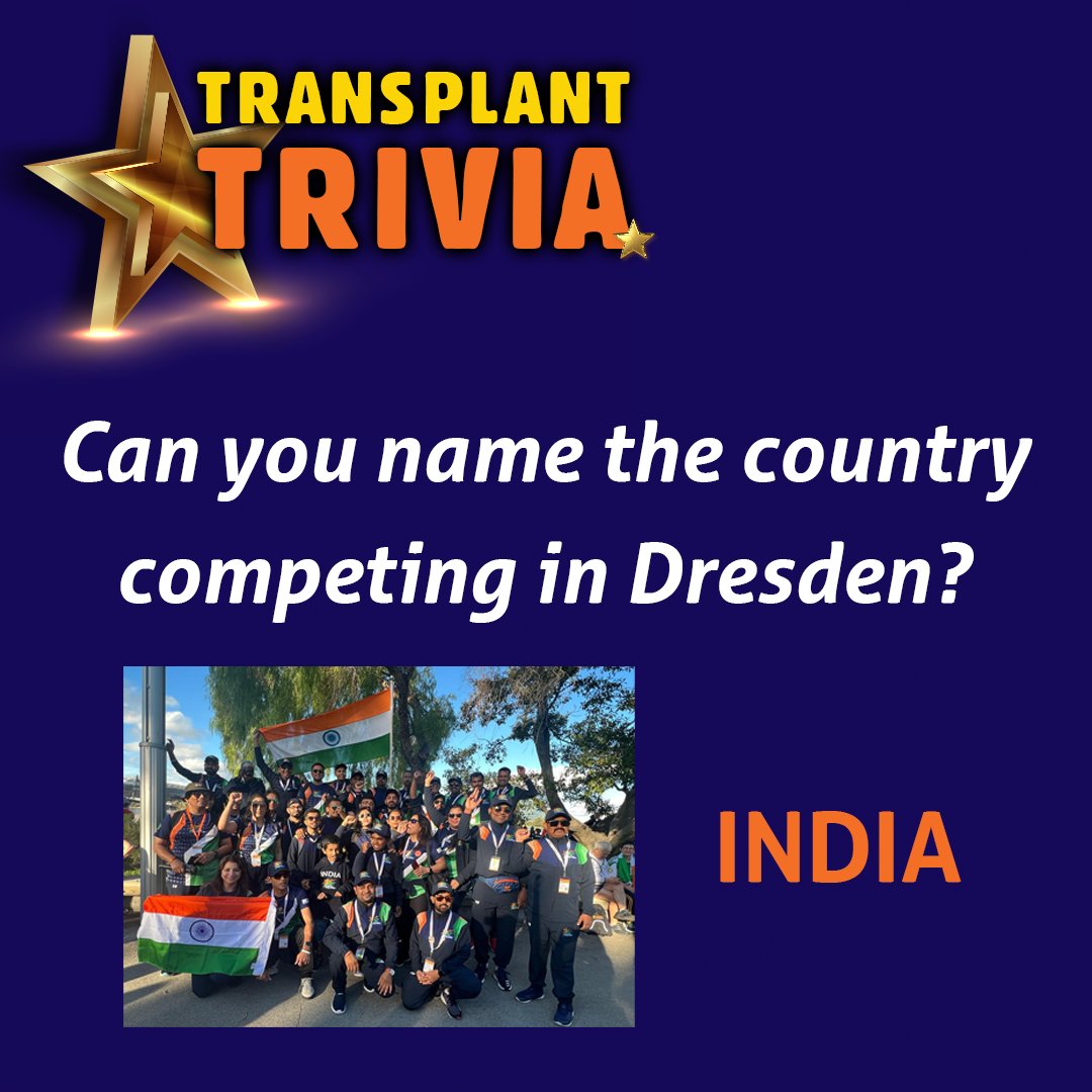 ✅ TRIVIA ANSWER: INDIA 🇮🇳

Shoutout to Team India @teamindiawtg @organ_india , proudly competing at the World Transplant Games 2025 in Dresden!

A team filled with resilience, energy, and the spirit of second chances. 🙌