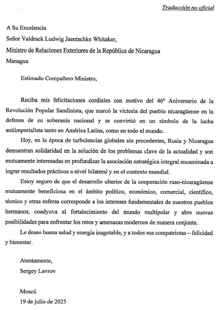 Mensaje de Saludo y Felicitación por el 46/19, que nos hace llegar el Compañero Sergey Lavrov, Canciller de la Federación de Rusia.