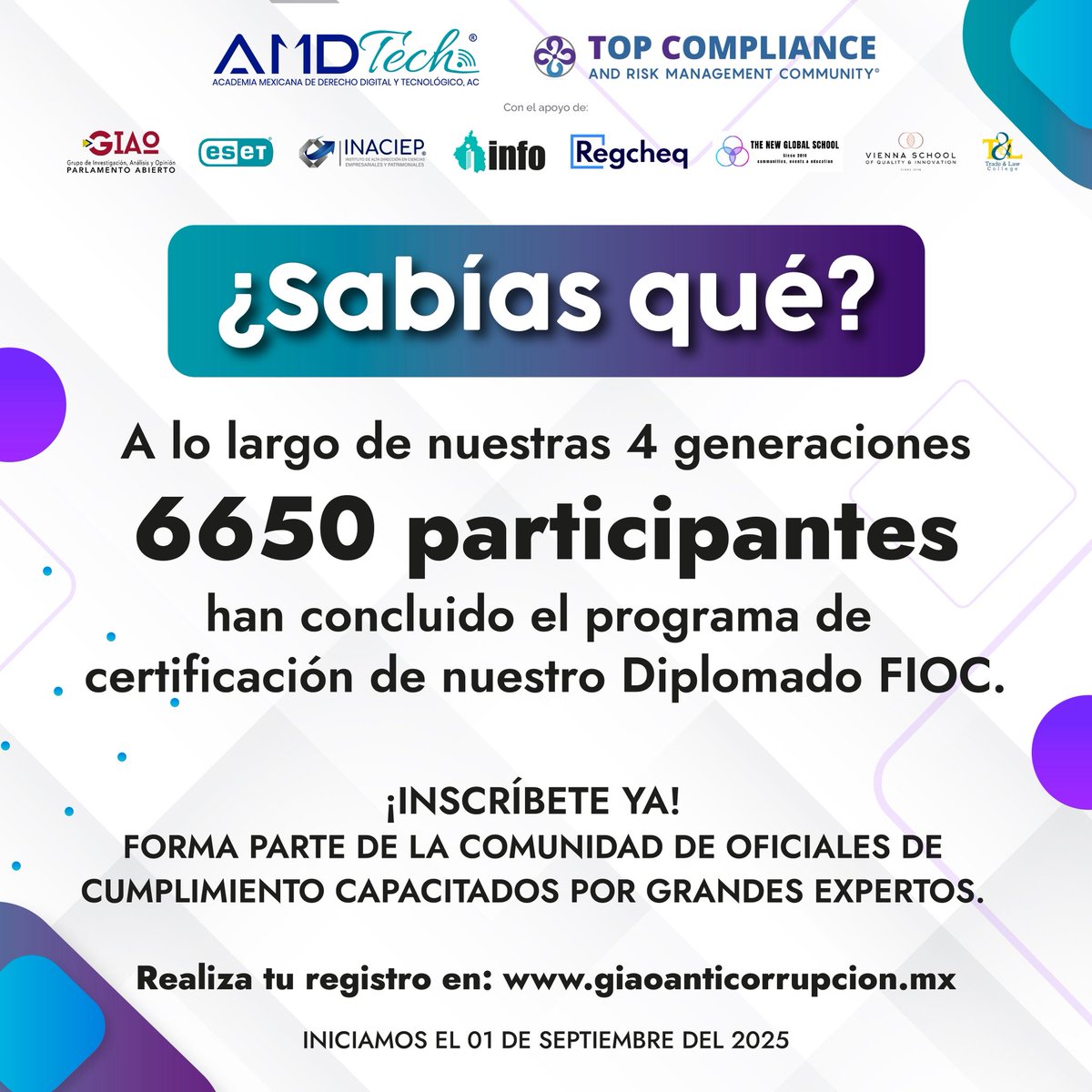 🎓 Conviértete en Oficial de Cumplimiento Certificado con el Diplomado FIOC.

✅ Más de 6,650 profesionales ya se han formado.

🚀 Destaca en Compliance, Seguridad de la Información y Riesgos Digitales.

🔗 Inscríbete: giaoanticorrupcion.mx/eventos/#event…