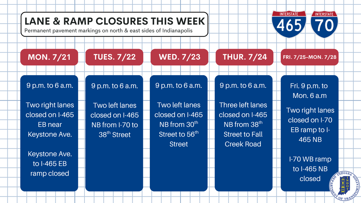 INDOTEast's tweet image. Overnight I-465 lane and ramp closures are scheduled this week on the north and east sides of Indianapolis. Learn more here: bit.ly/40mxAW8