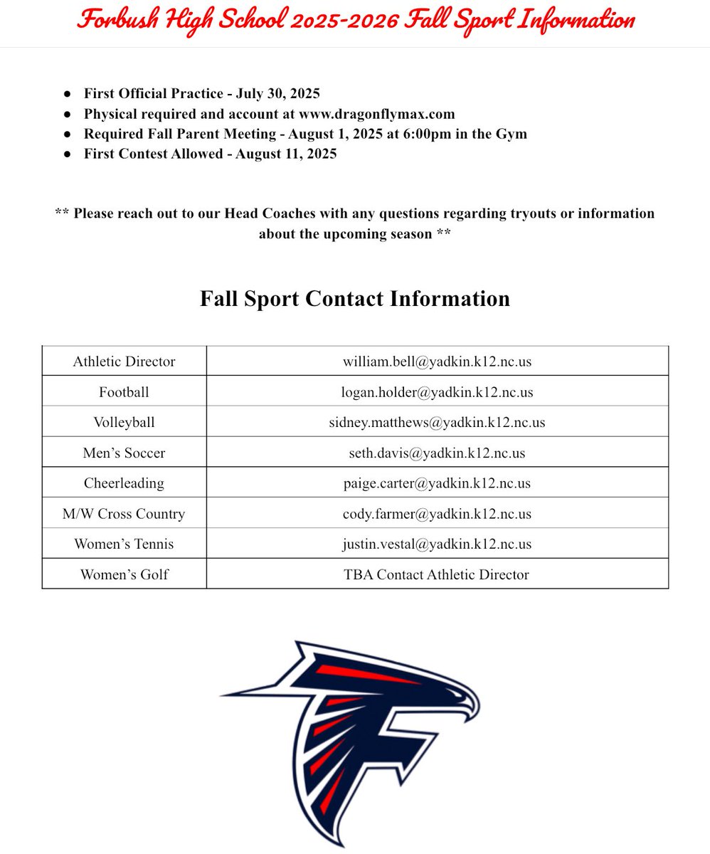 Gear up for the 2025-2026 school year! 
1️⃣ Make sure you have a physical 
2️⃣ Complete Dragonfly 
3️⃣ Tryouts begin July 30th!
4️⃣ Mark your calendars, required parent meeting Fri Aug 1st at 6:00pm! 

Helpful documents ⬇️
fhs.yadkin.k12.nc.us/o/fhs/page/ath…

Dragonfly ➡️ dragonflymax.com