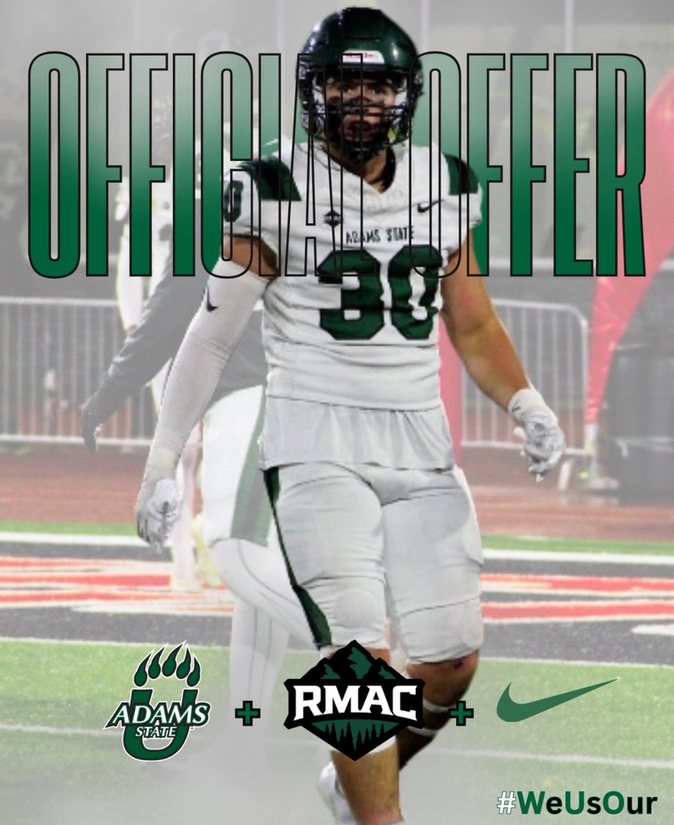 After a great conversation with <a href="/coacholney/">Coach Nic Olney</a>, I am very grateful to say I have received an offer to continue my academic and football career from <a href="/asugrizzliesfb/">Adams State Football</a>. 

I’m excited to for what’s to come with the Grizzlies! <a href="/CoachGallasASU/">Coach Levi Gallas</a> <a href="/Coach_Kizewski/">Caleb Kizewski</a> <a href="/CoachKyser/">Chase Kyser</a> <a href="/CoachPickSixx/">Demari Reynolds</a>