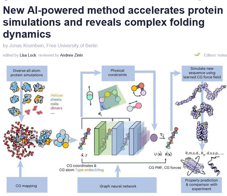 New AI powered method accelerates protein simulations and reveals complex folding dynamics

A team led by Prof. Cecilia Clementi at Freie Universität Berlin has developed CGSchNet, a deep learning based odel that simulates protein dynamics far faster and more accurately than