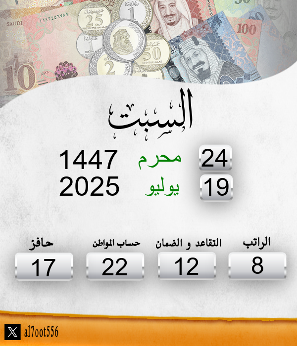 al7oot556's tweet photo. تاريخ اليوم السبت الموافق: 24/1/1447    
موعد إيداع الراتب الاحد الموافق: 2/2/1447    
الأيام المتبقية لإيداع الراتب: 8 ايام https://t.co/crqjKKA2fA