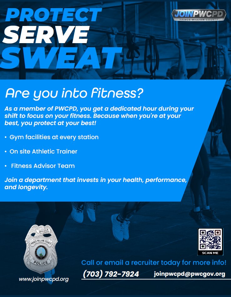 PWCPolice's tweet image. Join us for a #Recruiting event at #GoldsGym
Into fitness? As a member of #PWCPD, you get a dedicated hour during your shift to focus on fitness. When you're at your best, you protect at your best! #JoinPWCPD Friday, July 25 from 10AM-1PM, Gold's Gym 2380 Plank Rd, Fredericksburg